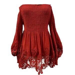 Off Shoulder Orange Smocked Long Sleeve Lace Crochet Shirt Large Peasant Boho